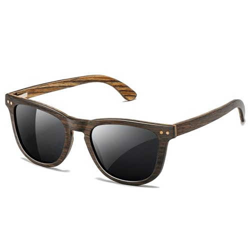 SUNGAIT Square Wood Sunglasses Mens Polarized All-Wood Sun Glasses Retro Lightweight With Case