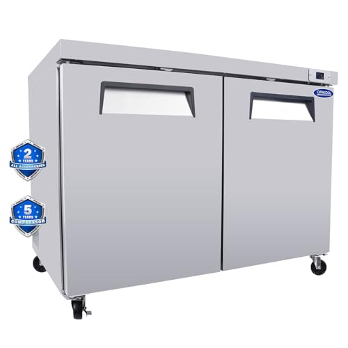 upstartech Commercial Refrigerators,48" Worktop Undercounter Refrigerator Stainless Steel 2 Door,14.1Cu.Ft, Worktop Fridge with Temperature Control & Auto Defrost