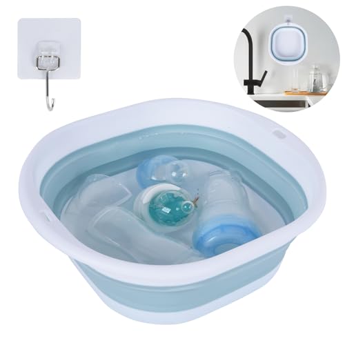 Image of Collapsible Wash Basin for Baby Bottles with Hook- Collapsible Wash Basin for Baby Bottles, Baby Bottle Tub for Sink, Reusable Baby Bottle Sink Basket for Home and Travel