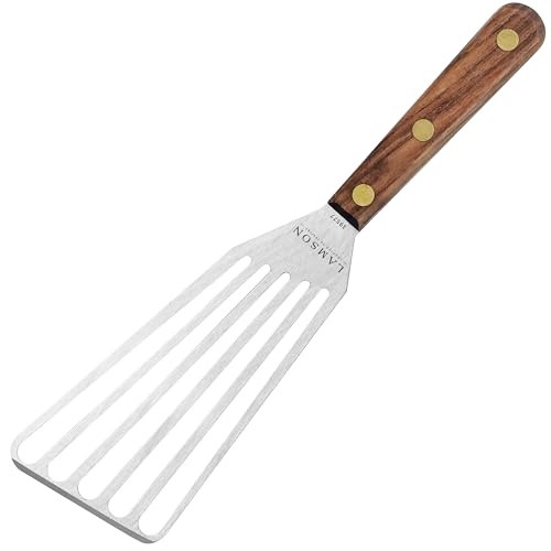 Lamson Slotted Fish Spatula Flexible Stainless Steel Turner with Walnut Handle | Right-Hand Chefs Frying and Grilling Turner 3 x 6 Made in USA