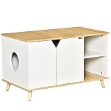 PawHut Katzenschrank für katzentoilette 2 in 1 Design Katzenklo Beistelltisch Katzenhaus für Katzenbett mit Türöffnung Kiefernholz Eiche+Weiß 100 x 55 x 60 cm
