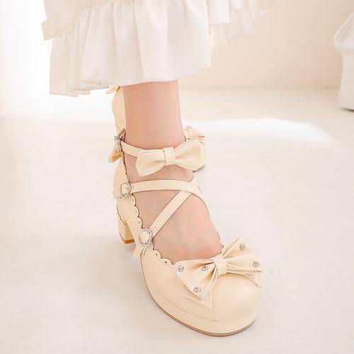 Women's Bow Cute Mary Janes Lolita Shoes, Ankle Strap Block Chunky Kawaii Heels, Closed Toe Cosplay Dress Platform Pumps2
