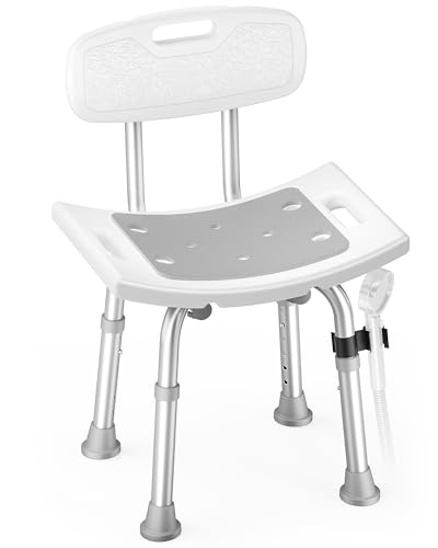 SOUNDFUSE Shower Chair for Inside Shower with Back, Tool-Free Assembly, Height Adjustble Shower Seat with EVA Cushion and Non-Slip Feet, Support Up to 350 lbs, Grey