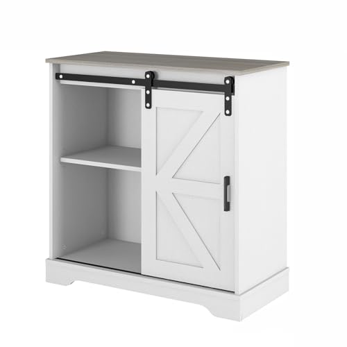 Image of Panana Sliding Barn Door Buffet Sideboard Storage Cabinet Coffee Bar Kitchen Farmhouse Style (White Cabinet Nature Top)