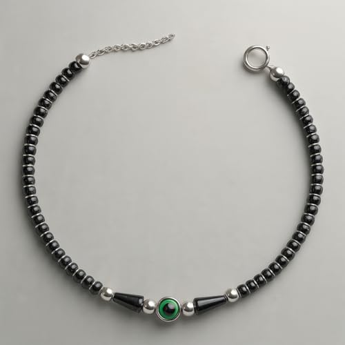 Jewellers Anklet 925 Sterling Silver Green Evil Eye & Black Beads Anklet - 10.5 Inches Standard Size With Adjuster Free Size Weight 8 Gms (Pack Of 1)2