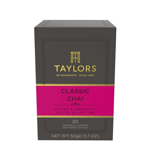 Image of Taylors of Harrogate Classic Chai, Black Tea, Individually Wrapped Bags, 20 Count (Pack of 1), Spiced, Aromatic & Warming, Caffeinated, Enjoy Hot or Iced, 20 Teabags