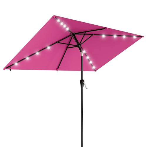 Image of AreShark 6.5' x 10' Rectangular Patio Umbrella with Solar Lights, Solar Powered Lighted Market Umbrella w /Tilt and Crank, Outdoor Table Umbrella for Garden, Deck, Backyard, Pool and Beach, Rose Pink