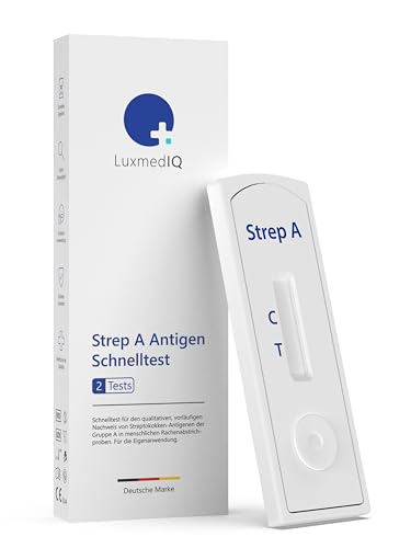 2x LuxmedIQ Strep A Test bei Scharlach, Mandel- & Rachenentzündungen, Hautinfektionen - Streptokokken Schnelltest mit Rachenabstrich - Heimtest zum Nachweis des Gruppe-A-Streptokokken-Antigens