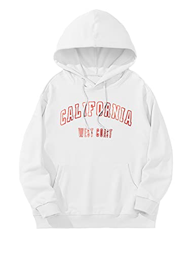 Dokotoo Mens Fashion California West Coast Letters Print Long Sleeve Graphic Hooded Hip Hop Tops Sweatshirts Winter Fall Tops Casual Drawstring Pullover Hoodies With Pocket White Medium #TOP3