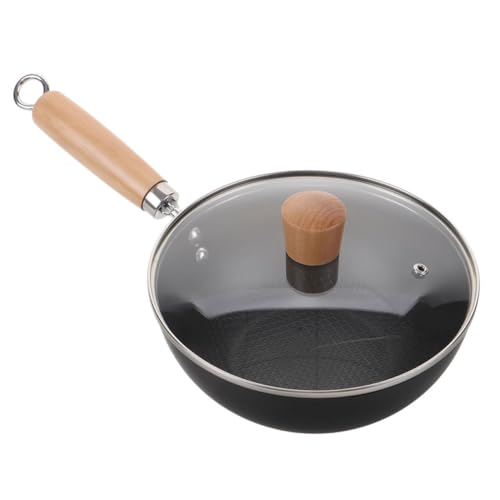 COLLBATH Cast Iron Wok with Lid Traditional Chinese Stir Fry Pan for Gas and Electric Stoves Nonstick Cooking Surface with Wood Handle for Frying and Searing