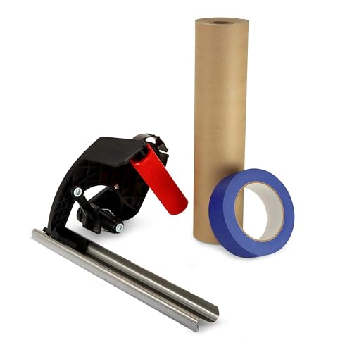 IDL Packaging All-You-Need Masking Kit - 12" x 60 Yards Brown Masking Paper (1 Roll) & 1.41" x 60 Yards Blue Tape (1 Roll) & Manual Paper/Tape Dispenser (Built-in Blade)