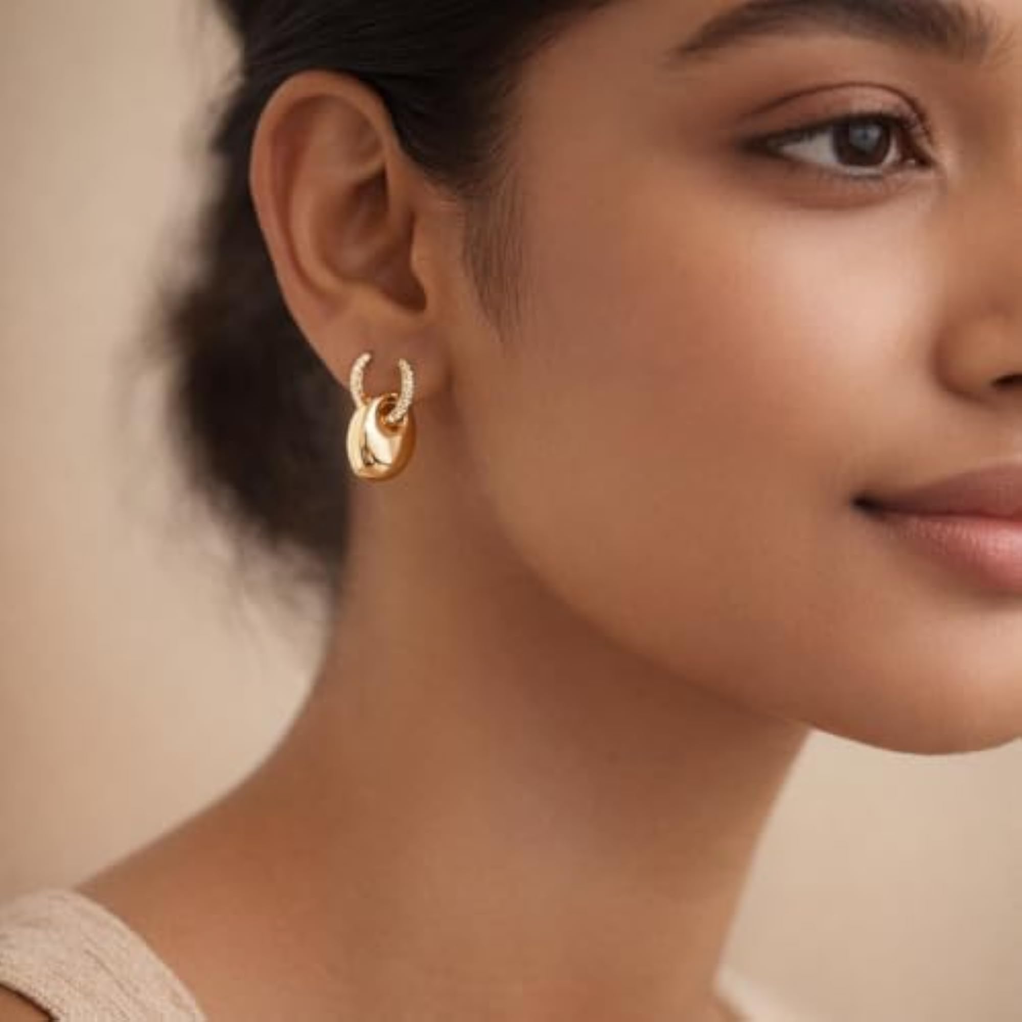 Women's Gold Chunky Huggie Hoop Teardrop Earrings, Pave Zirconia