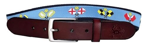 Mens Pickle Ball Leather Belt, Nautical Flag Pickle Ball Paddle, Ribbon and Webbing Belt