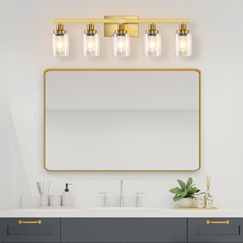 Image of 5 Light Gold Bathroom Vanity Light, Bathroom Light Fixtures, 31 inch Modern Brushed Gold Vanity Lighting Fixtures for Bathroom Over Mirror, Gold Sconces Wall Lighting for Bedroom