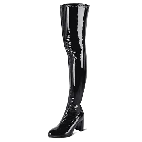 girgod Over The Knee Boots for Women Patent Leather Black Thigh High Boots Pointed Toe Chunky High Heeled Boot Size 8.5