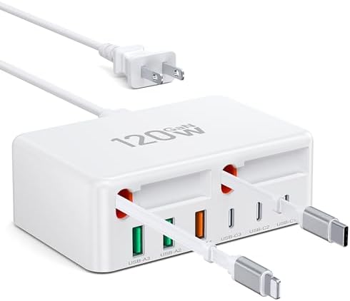 2026 Latest USB C Charger Block, 8 in 1 GaN Retractable Charger Station Hub with Lightening & Type C Cable, 120W Travel Essential Multi USB C Power Strip Plug for iPhone 17 16 15 Pro Max iPad Galaxy