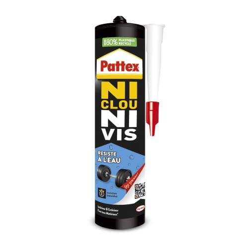 Pattex Ni Clou Ni Vis Résiste à l'eau, colle de fixation surpuissante, colle blanche, colle rapide pour bois, céramique, métal, béton et plus, cartouche 450 g