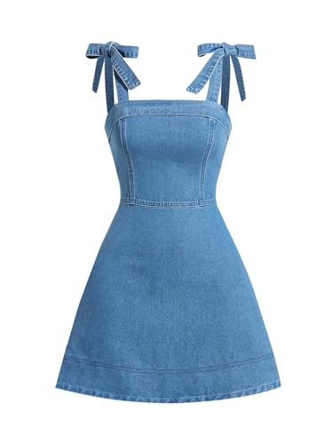 Image of SHENHE Women's Tie Shoulder Sleeveless Denim Mini Dress Layered Ruffle Hem Jean Dress