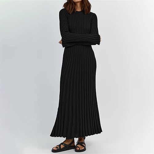 Women Bell Long Sleeve Knit Maxi Dress Crewneck Ribbed Bodycon Long Dress Slim Fit Y2K Sweater Dress Streetwear4