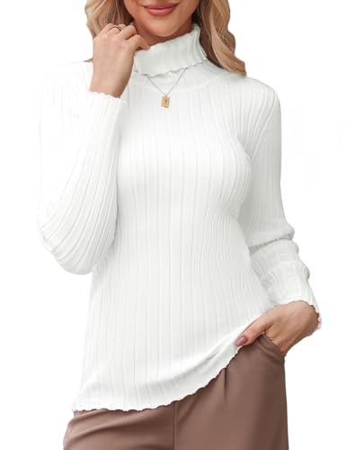 Aottori Jersey Cuello Alto para Mujer Suéter de Punto Suéter Sólido Ligero Jersey de Básico Suave Elástico Blanco S