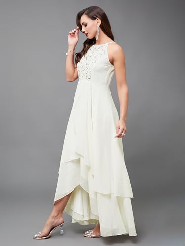 Image of Miss Chase Women's Round Neck Sleeve Embellished Fit Flare Maxi Dress