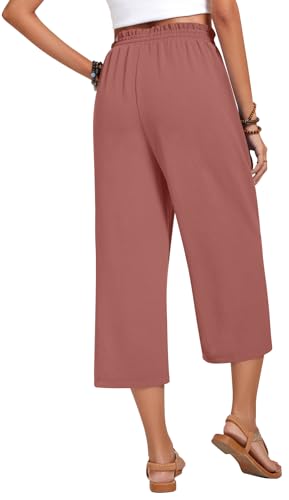 Image of Anyhold Women's Capri Pants Drawstring Casual Palazzo Trousers with Pockets Loose High Waisted Wide Leg Lounge Pants