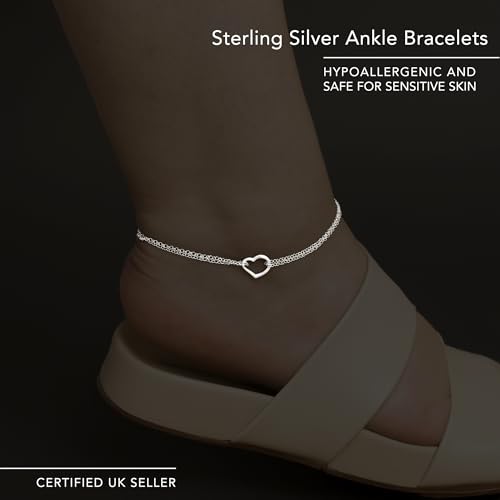 Image of Amberta Italian Sterling Silver Anklet for Women 925 | Adjustable Ankle Bracelets for Women Beaded Heart Summer Jewellery