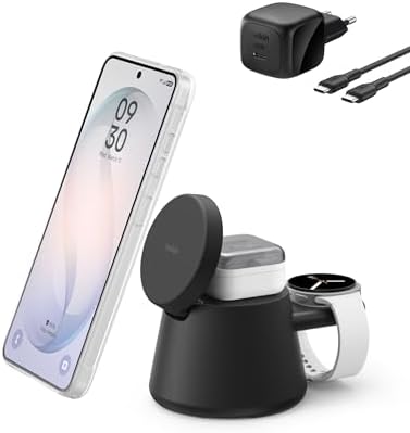 Belkin UltraCharge 3-in-1 Induktive Ladestation mit Qi2, 25W – Schwarz | Qi2.2-zertifiziert, Kabelloses Ladegerät mit USB-C-Port, Wireless Charger für iPhone, Galaxy, Kopfhörer; mi
