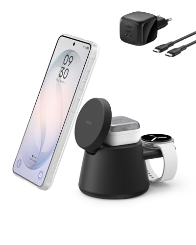 Belkin UltraCharge 3-in-1 Induktive Ladestation mit Qi2, 25W – Schwarz – Ansicht 1