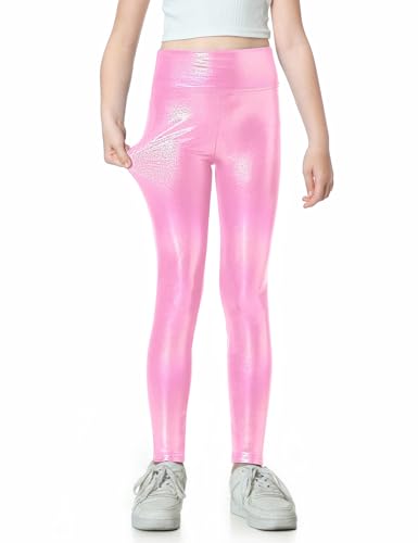 Gnainach Girls Metallic Pants Pink and Pure Black Size 8-9 Years Old Durable Slim High Waisted Athletic Leggings3