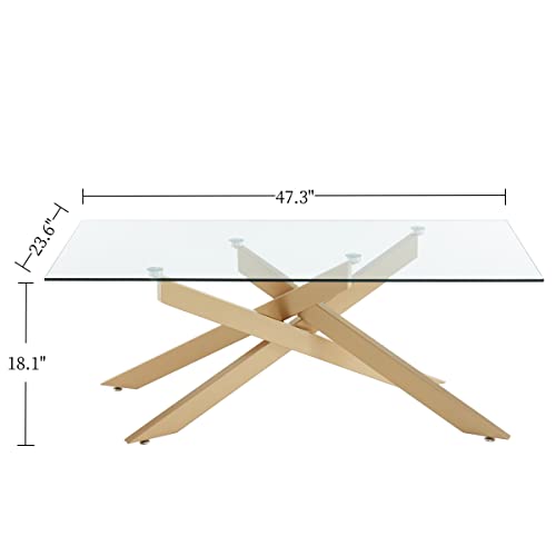 Gold Coffee Table for Living Room, Modern Glass Coffee Table with 47" Tempered Glass Top and Metal Tubular Legs for Small Space, Apartment, Office