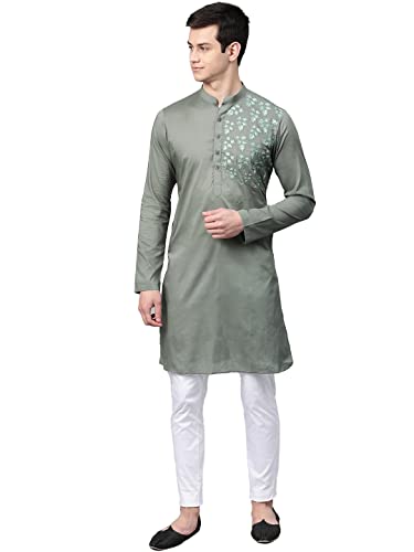 Image of See Designs Olive Cotton Regular Fit Embroidered Kurta
