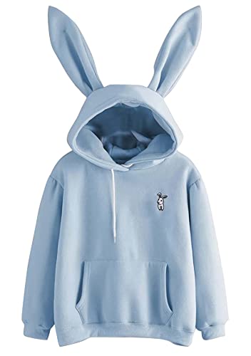 YMING Femme Ample Sweat avec Poche Ample à Manches Longues Lapin à Capuche Kawaii Col Rond avec Capuche Bleu L Cover