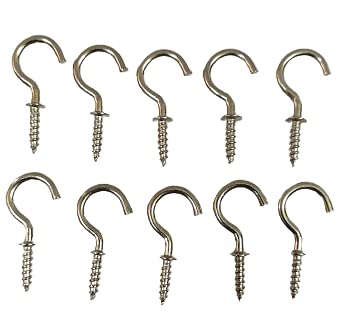 Beauty Tool Metal Nickel Plated Carbon Steel DIY Self Tapping Screw in Cup Hooks (3.5Cm / 1.5 inch) - | Pack of 10 | (Silver Color)