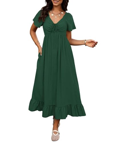 Image of BTFBM Womens Summer Dresses 2026 Casual Short Sleeve V Neck Drawstring Wedding Guest Maxi Dresses Boho Beach Long Dress