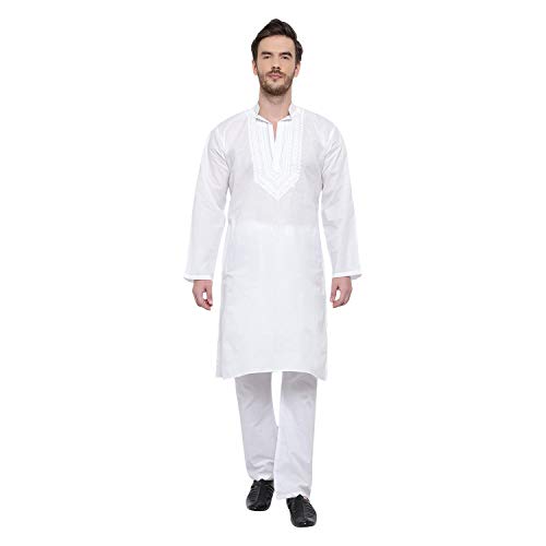 Image of Kurta Pajama with Mirror Work, Knee Length Mandarin Collar for Festive Party Ethnic Wear (IN, Alpha, S, White)