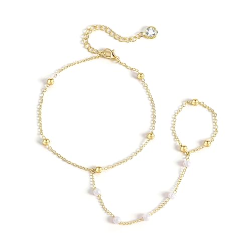 RMMD Handkette Armband 14K Vergolate/Weißgold Zirkon Perlen Handkette Gold Damen Armband mit Ring Verbunden Boho Geschenke für Frauen Hand Chain Gold Bracelet Women Jewelry Modeschmuck, 18+5cm, Cobre