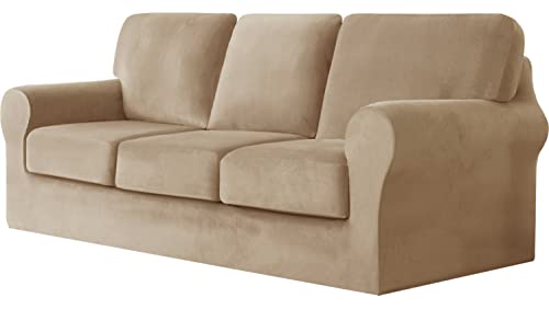 Xslive 7 Pieces Velvet High Stretch Sofa Covers For 3 Cushion Couch Sofa Slipcovers, Washable Furniture Protector With Drawstring Anti Slip Bottom, Soft And Plush Fabric For Kids And Pet thumb #1