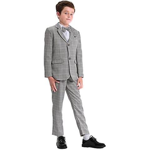 mintgreen Boys Blazer Suit Kids Formal Wedding Outfits Gentleman Tuexdo Sets, Grey Plaid, 11-12 Years, 160 Cover