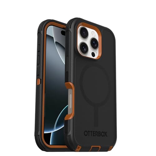 Image of OtterBox iPhone 16 Pro (Only) Defender Series MagSafe Case - Iron Eclipse (Black & Orange) - Built-in Magnets - Screenless - Rugged & Durable - with Port Protection
