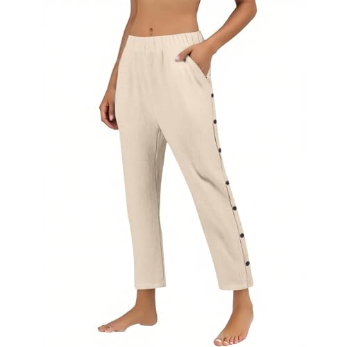 Linen Pants for Women 2025 Trendy High Waisted Wide Leg Trousers Striped Side Button Elastic Waist Summer Gauze Pants4