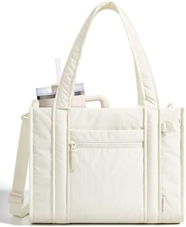 BAGSMART Boxy Tote Bag for Women, Crossbody Bag with Zipper, Crush Bow Purses for Travel Work College, Cream, Small