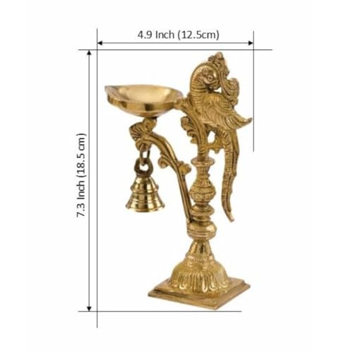 Image of Brass Peacock Decorative Diya with Traditional Bell Antique Deepak Design, Table Decor with Stand, Home Diwali Gift, Temple Pooja, Gold Colour (20X12.5X8cm) | 687 gram