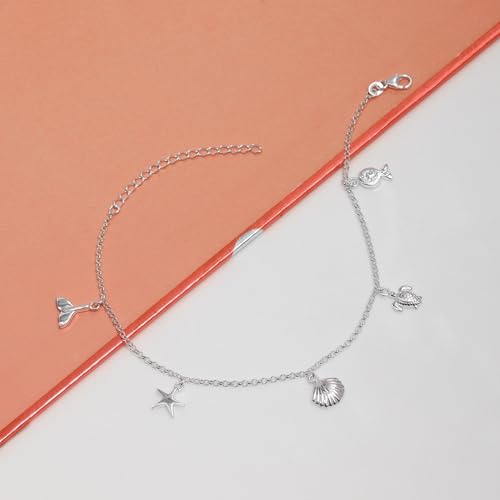 Image of TRUESILVER ACPL 925 Sterling Silver Anklet for Womens | BIS Hallmarked Ocean & Evil Eye Charm Adjustable Anklets Bracelet | Starfish Shell Turtle Anchor Beach Foot Jewelry | 1 Piece