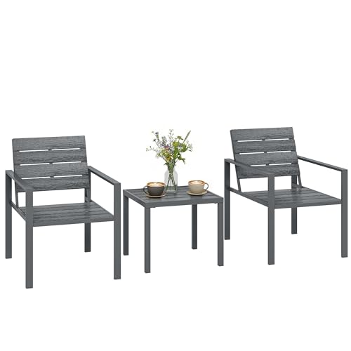 Outsunny 3 Pieces Garden Bistro Set for 2, Outdoor Bistro Table and Chairs with Plastic Top and Metal Frame, Patio Furniture Set for Garden Patio Balcony, Indoor Outdoor Area, Dark Grey