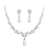 Deyanse Wedding Jewellery Sets for Brides, Pearl Jewellery Sets for Women Bridal Necklace and Earring Sets, Elegant White Rhinestone Bridal Jewellery Set, Platinum Bridesmaid Gifts for Wedding Day