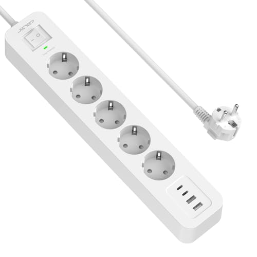 JSVER Parasurtenseurs Multiprise USB C, 5 Prises avec 4 Ports USB Chargeur de Voyage, Multiprise Electrique(3680W 16A) Parafoudre et Surtension avec...