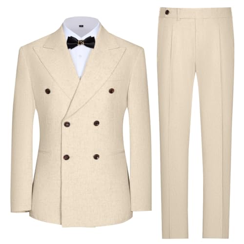 Mens Linen Suit 2 Piece Double Breasted Suit Blazer Pants Set Slim Fit Casual Summer Beach Wedding Linen Tuxedo Men3