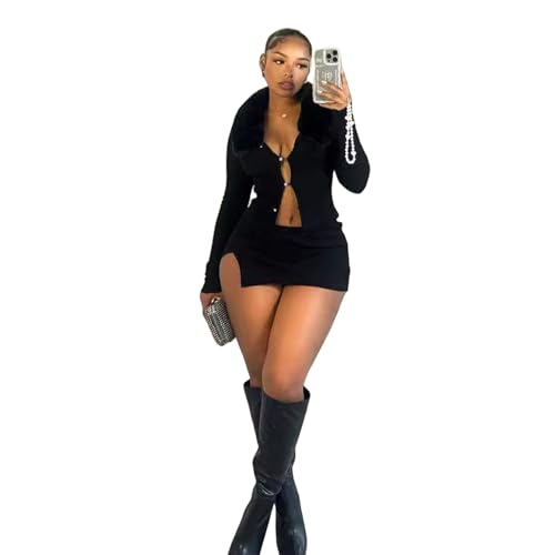 Image of Women Sexy 2 Piece Outfits Rave Tie-up Feather Trim Fur Long Sleeve Cardigan Deep V Blouse