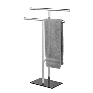 Handdoekenrek Lava T-vorm, handdoekenrek met 2 armen, combinatie van ronde en vierkante buis van glanzend roestvrij staal met zware bodemplaat van veiligheidsglas, 50 x 81,5 x 20 cm